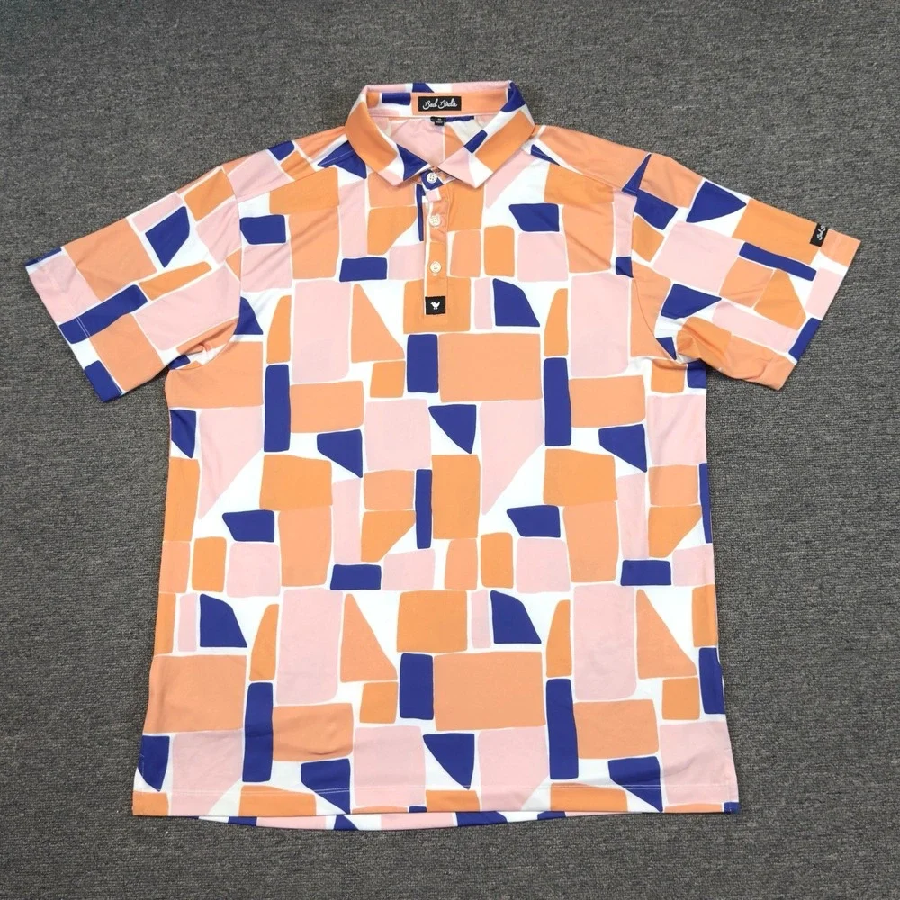 Bad Birdie Catalina 4 Way Stretch Golf Polo Shirt Geometric Orange Men's XL
